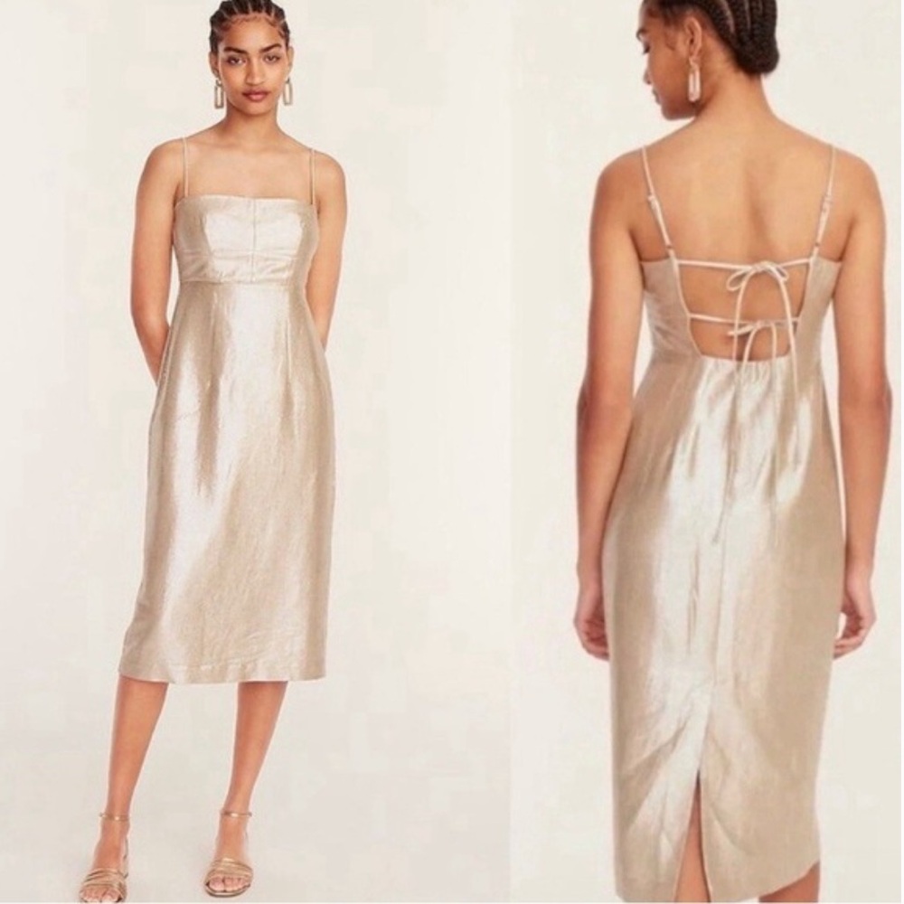 NWT J. Crew | Womens Champagne Shimmer Spaghetti Strap Midi Sheath Dress Size 10